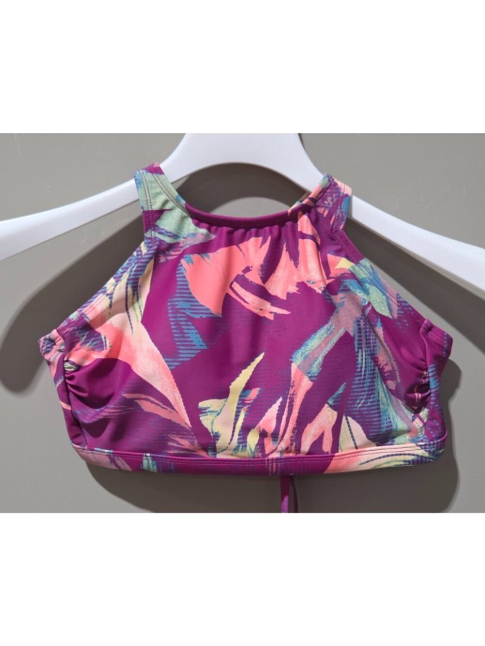 All in Motion Purple Floral High Neck Strappy Back Bikini Swim Top - Medium 8/10